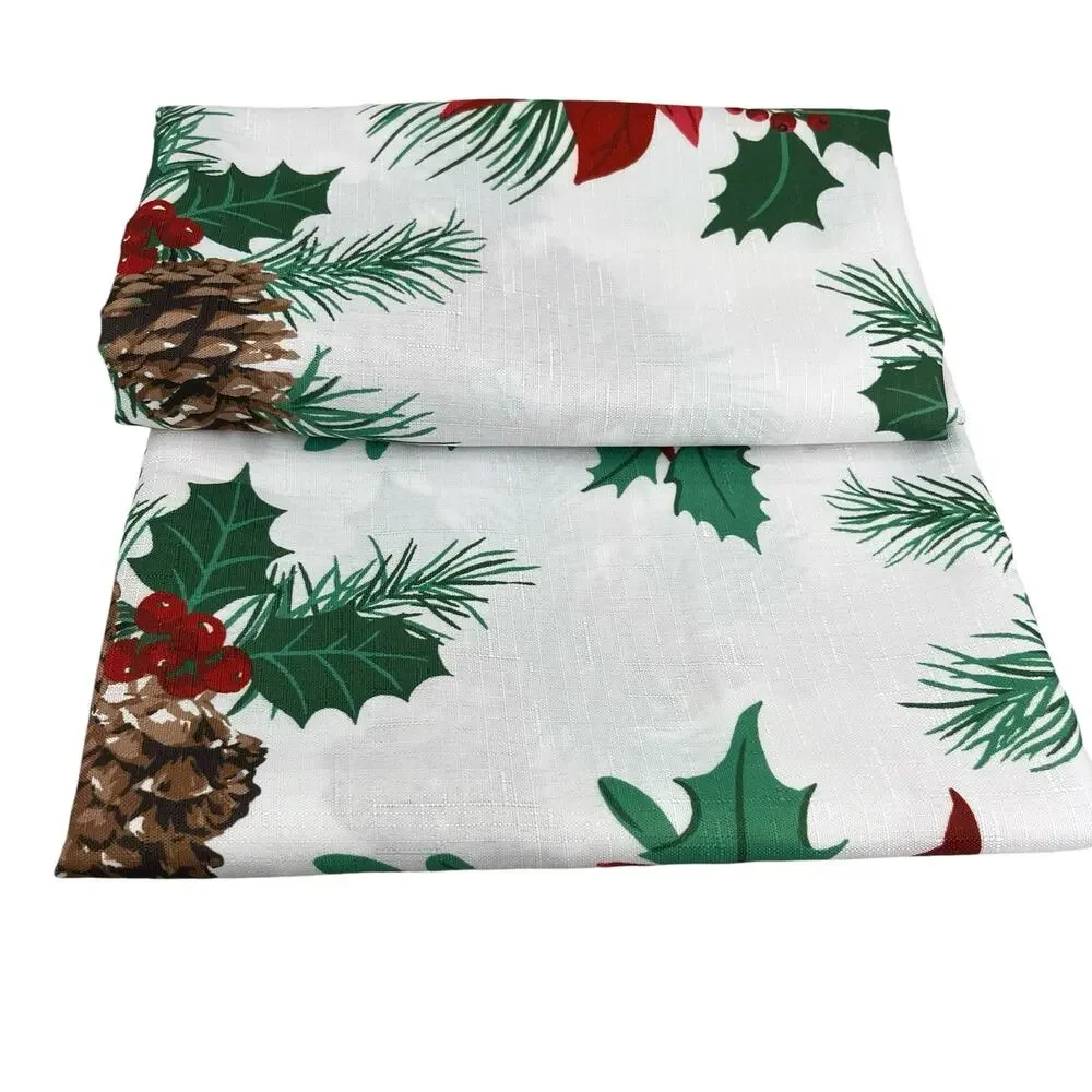 Christmas Shower Curtain Oh Holy Night Poinsettia Pine Hooks New